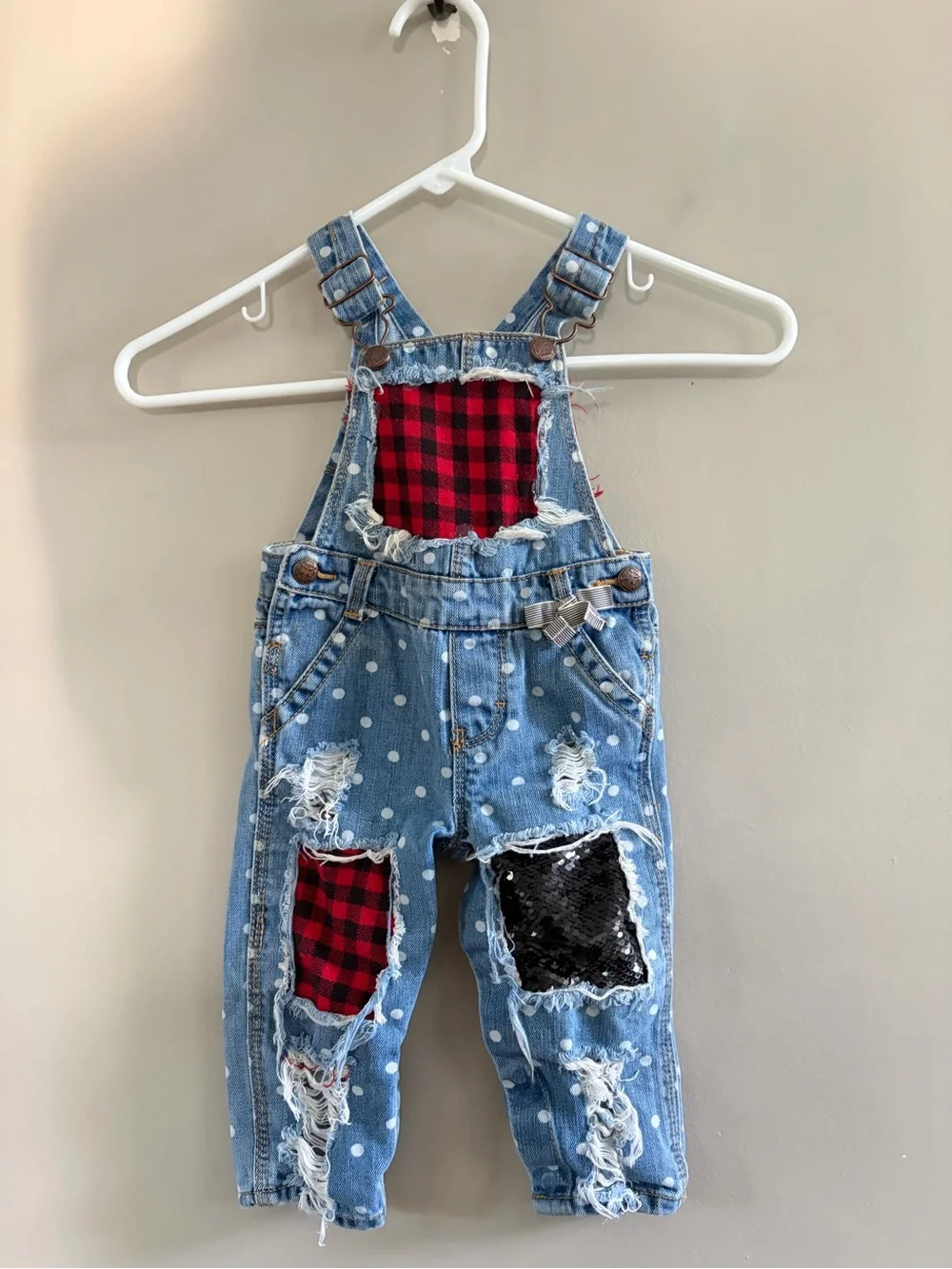 Oshkosh B’Gosh Girls denim overalls patchwork plaid sequin 12 month